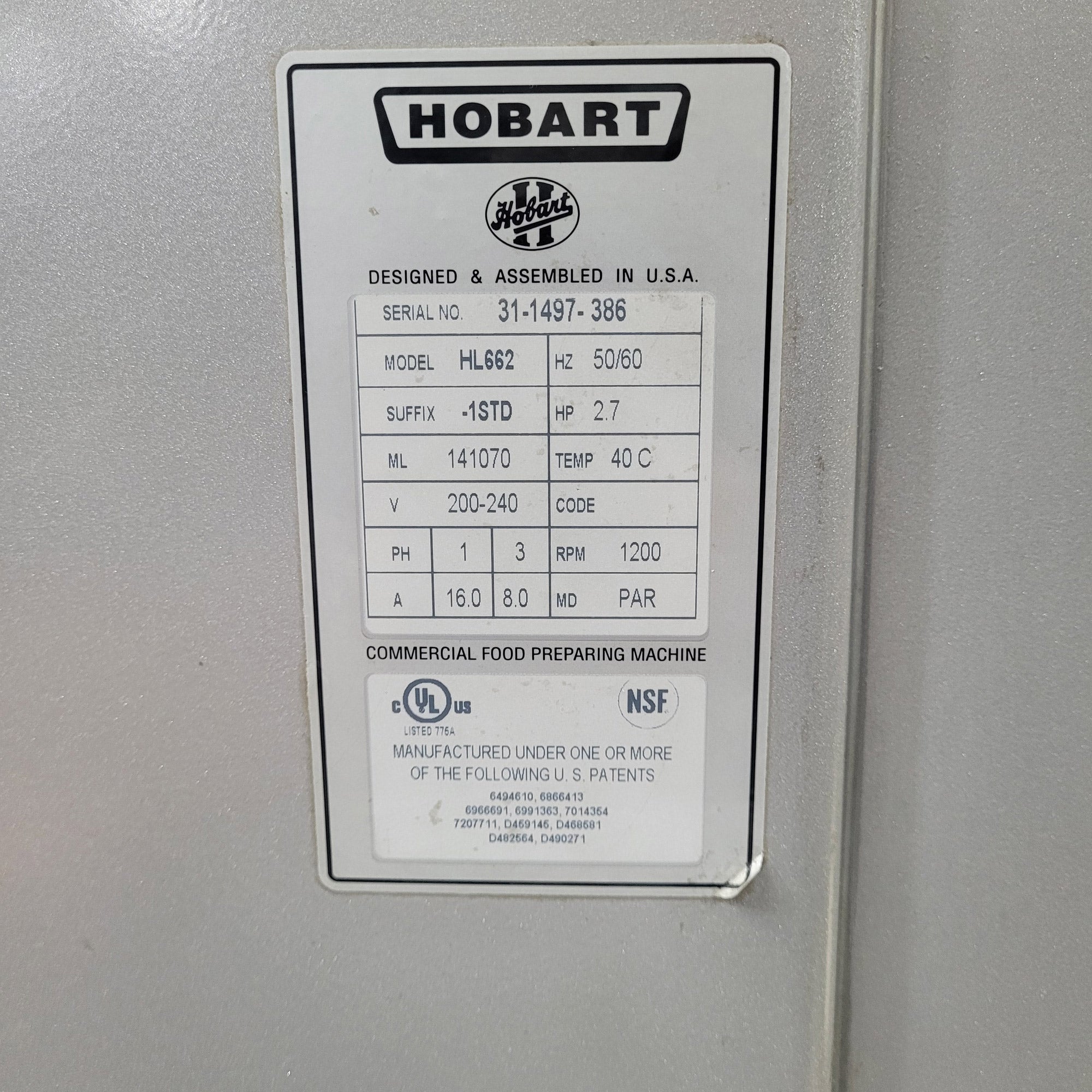 USED Hobart HL-662 Pizza Dough Mixer Serial Number Name Plate - Refurbished by Gator Chef Restaurant Equipment and Kitchen Supplies
