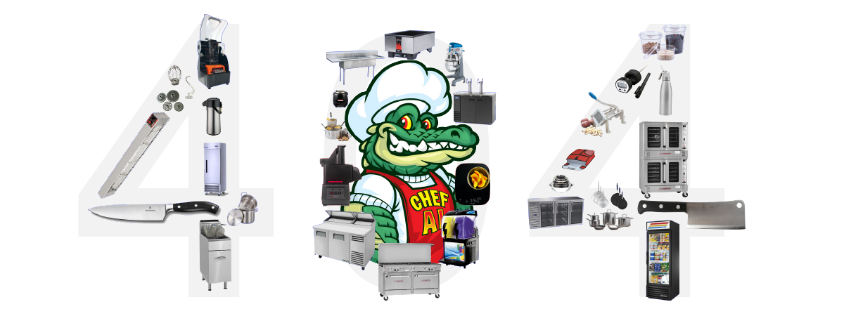 restaurant equipment and supplies arranged around the numbers "404" and our mascot chef al centered