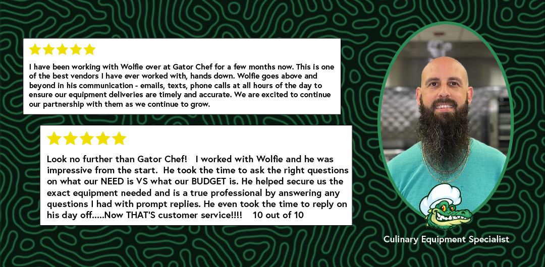 Portrait of our sales rep Wolfie and some screenshots of Google Reviews
