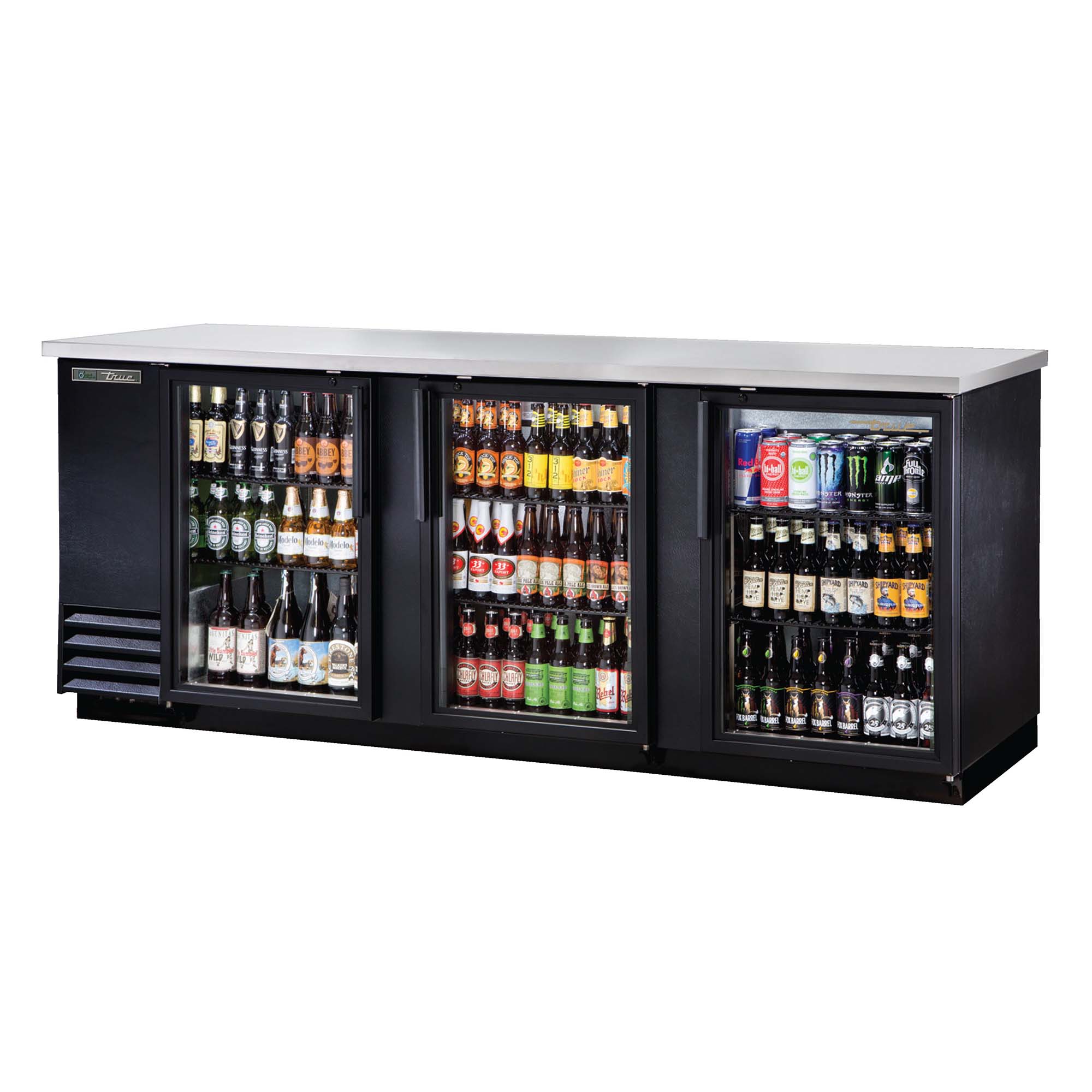 True 90" Glass Door Back Bar Refrigerator True Mfg TBB-4G-HC-LD